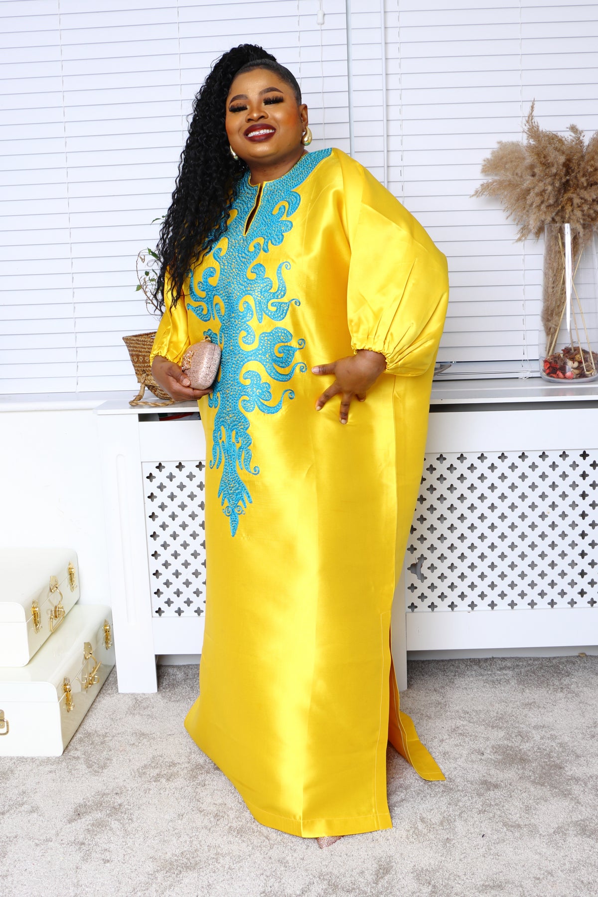 African Yellow Bubu with Lilac Embroidery