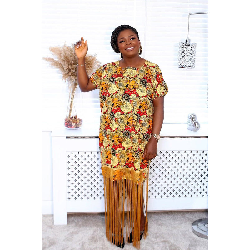 Buks Gold Fringe Ankara Dress | 58-Inch Maxi Silhouette OgeFashion Buks Gold Fringe Ankara Dress | 58-Inch Maxi Silhouette OgeFashion