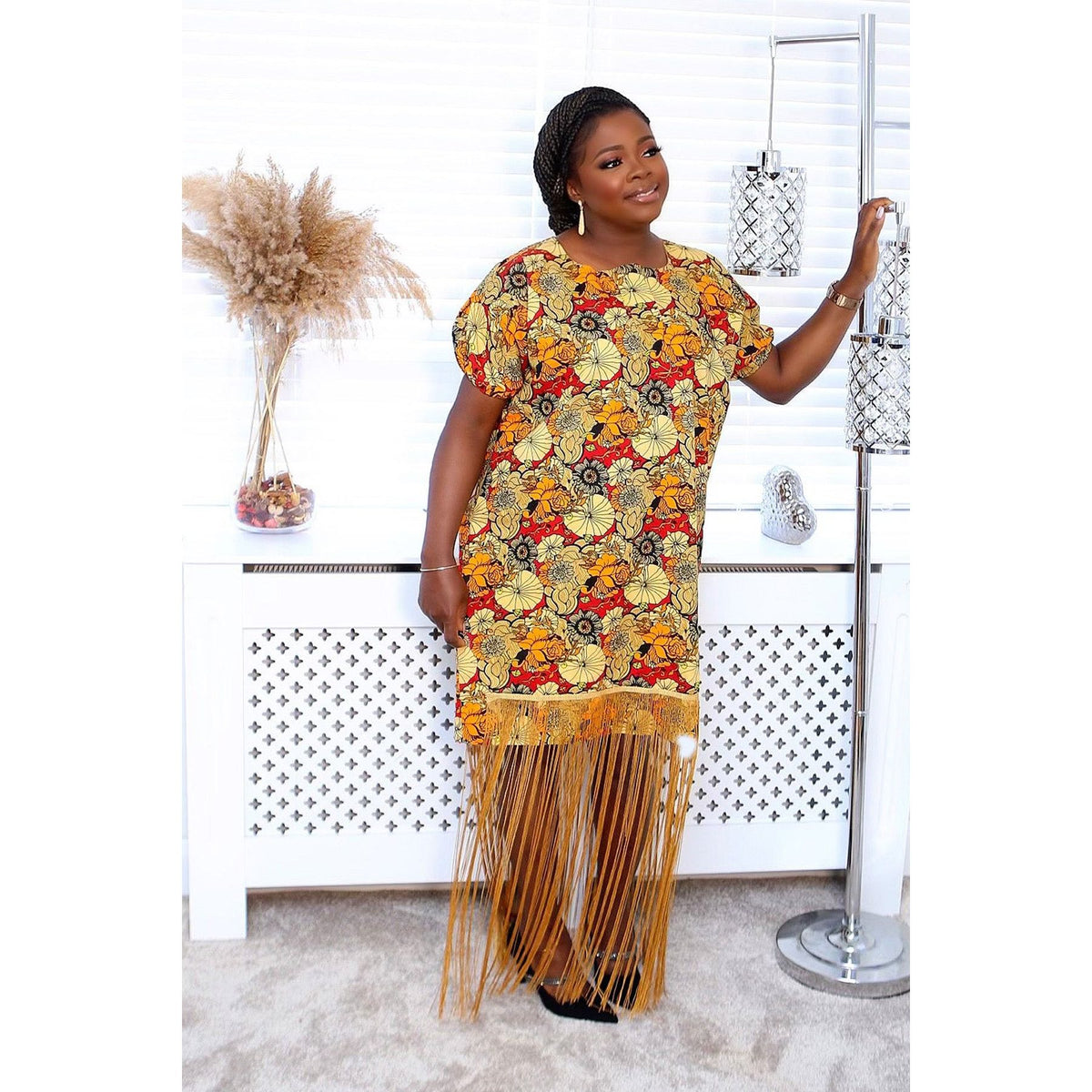 Buks Gold Fringe Ankara Dress | 58-Inch Maxi Silhouette