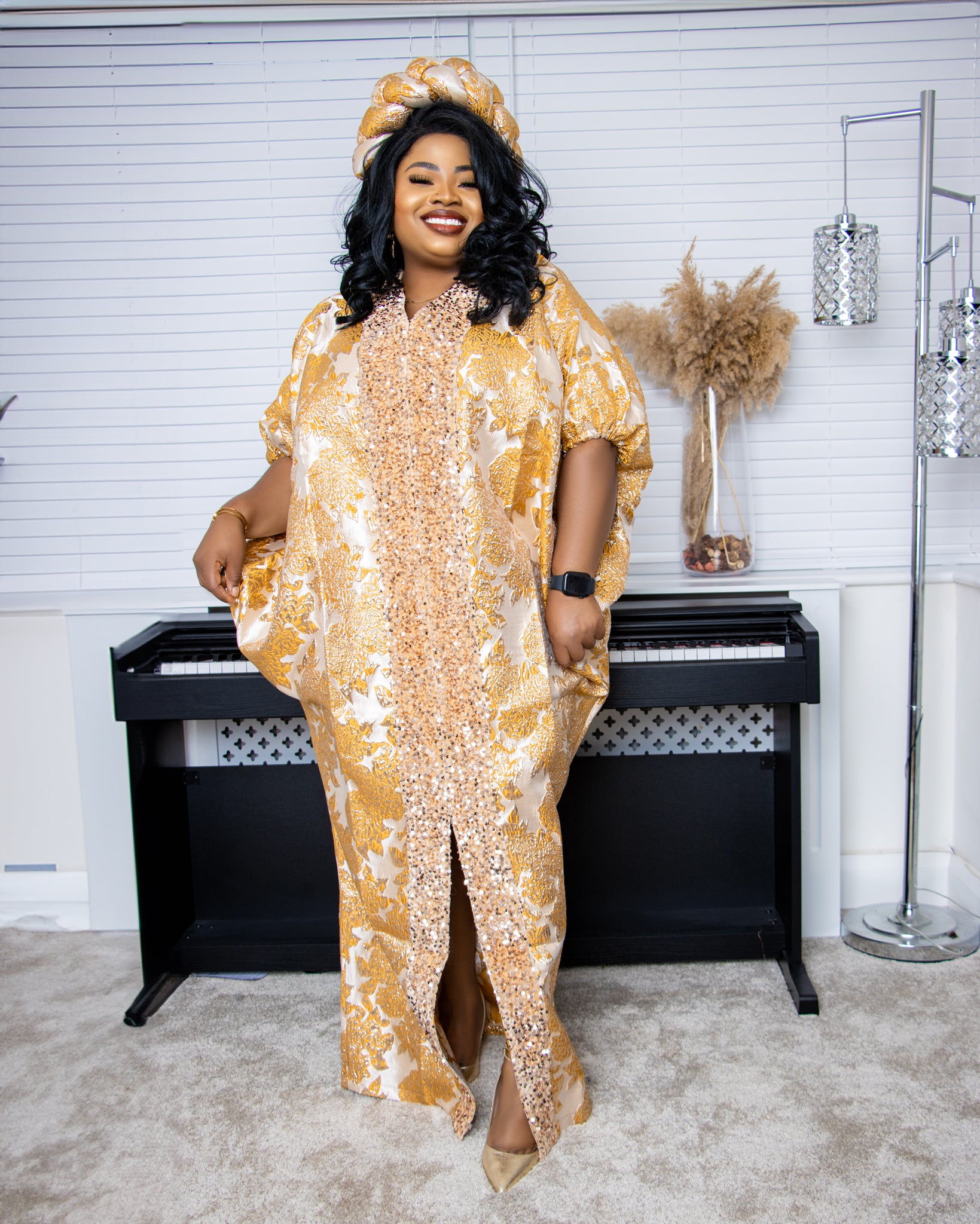 Gold Damask Sequins Maxi Boubou Dress