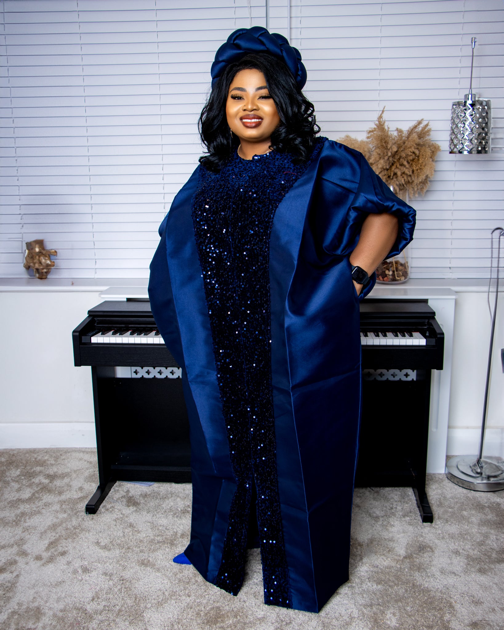 African Blue Maxi Boubou with Matching Headpiece