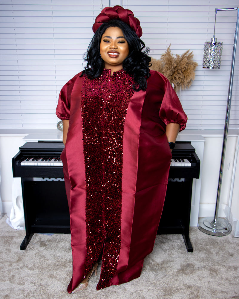 African Wine Maxi Boubou with Matching Headpiece