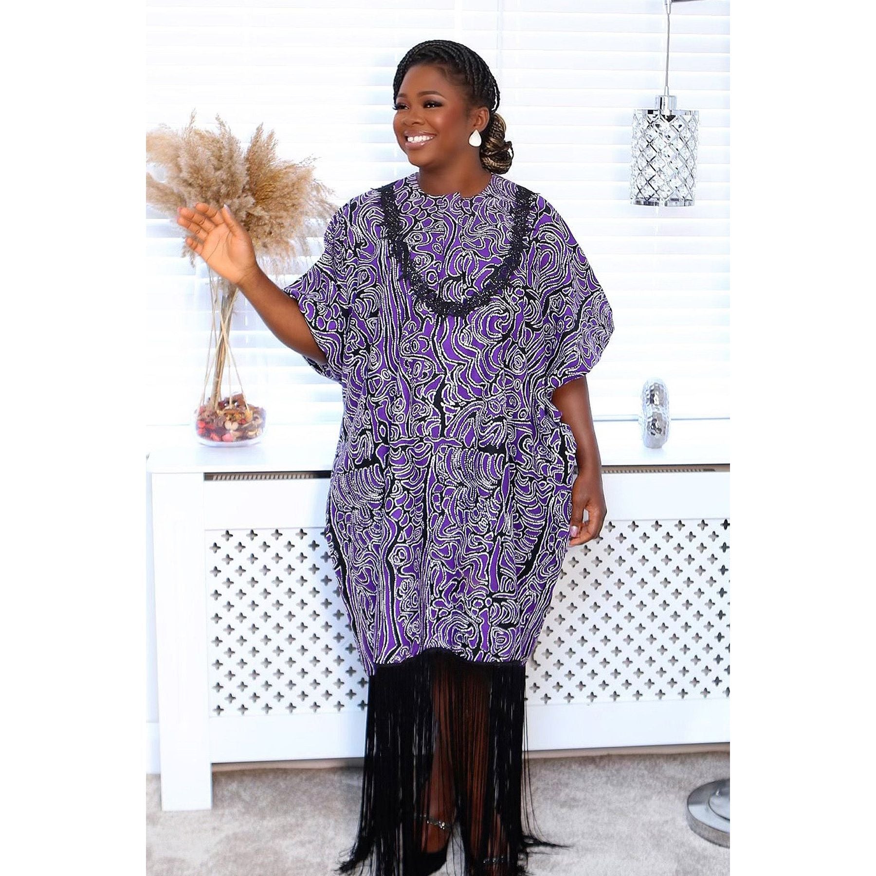 PURPLE ANKARA FRINGE MAXI DRESS